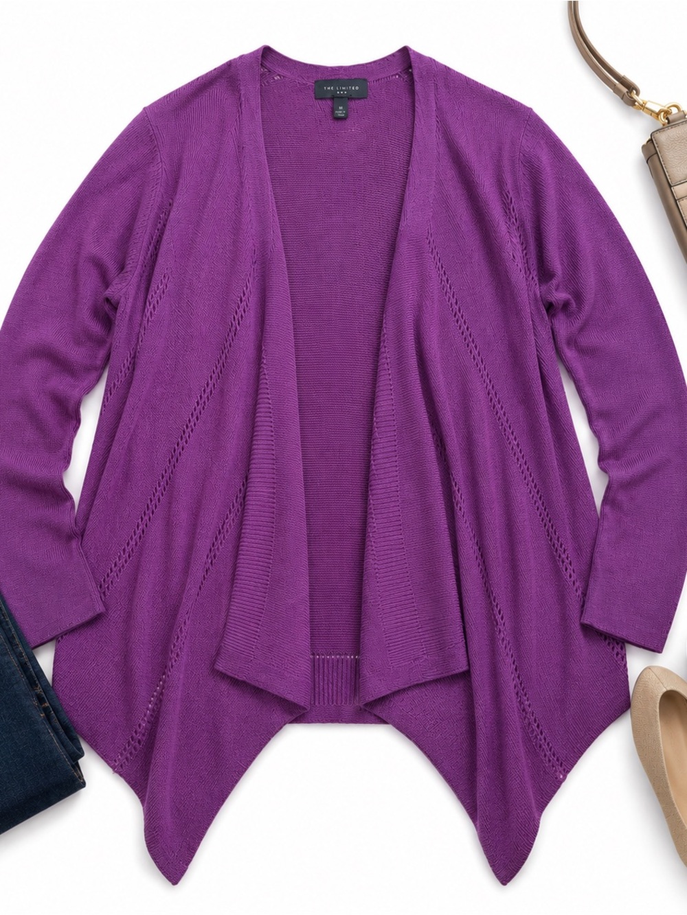 The Limited Purple Wool Blend Waterfall Open Front Cardigan Sweater Medium EUC - Picture 4 of 9